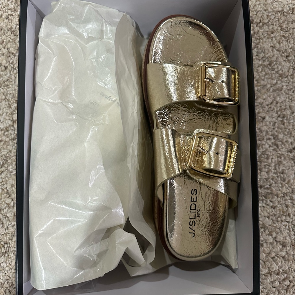 J/SLIDES Gold Double-Buckle Sandals